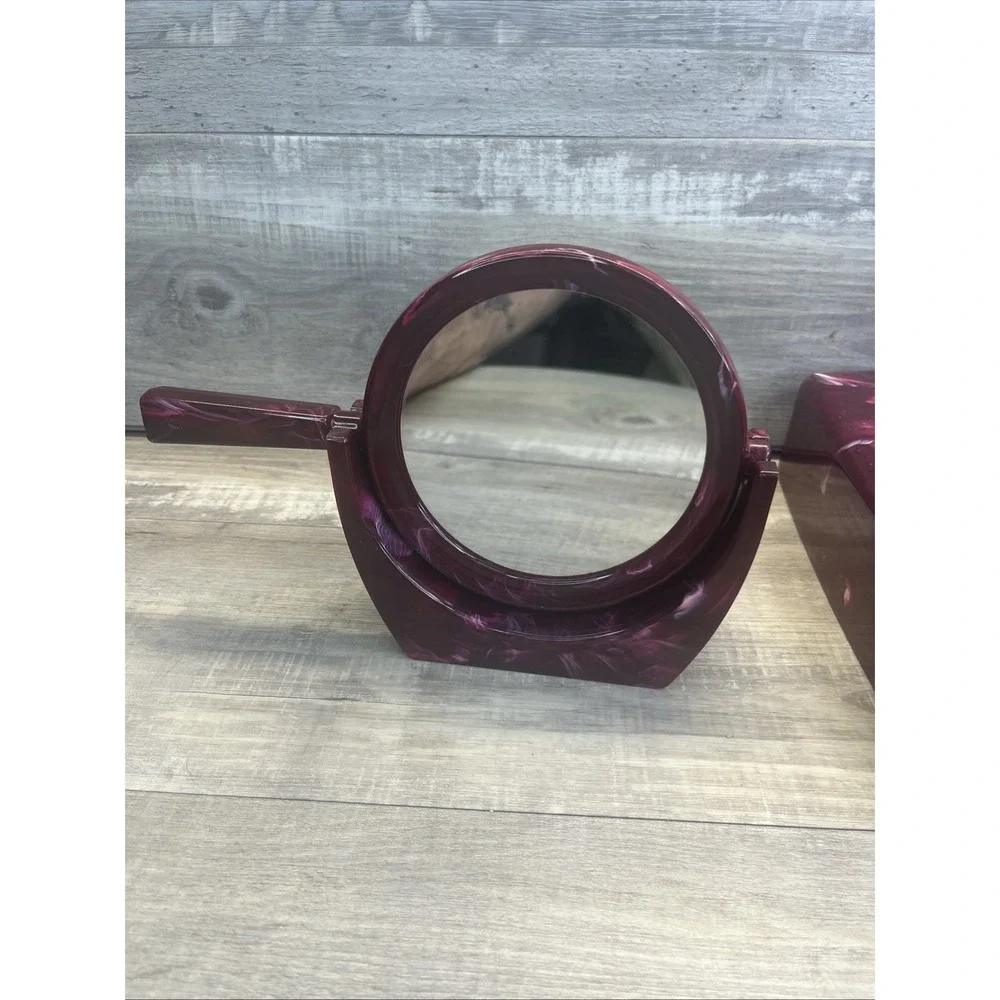 Wine Onyx Marbled Look Bathroom Set Tissue Holder Soap Dish Mirror  VTG Plastic
